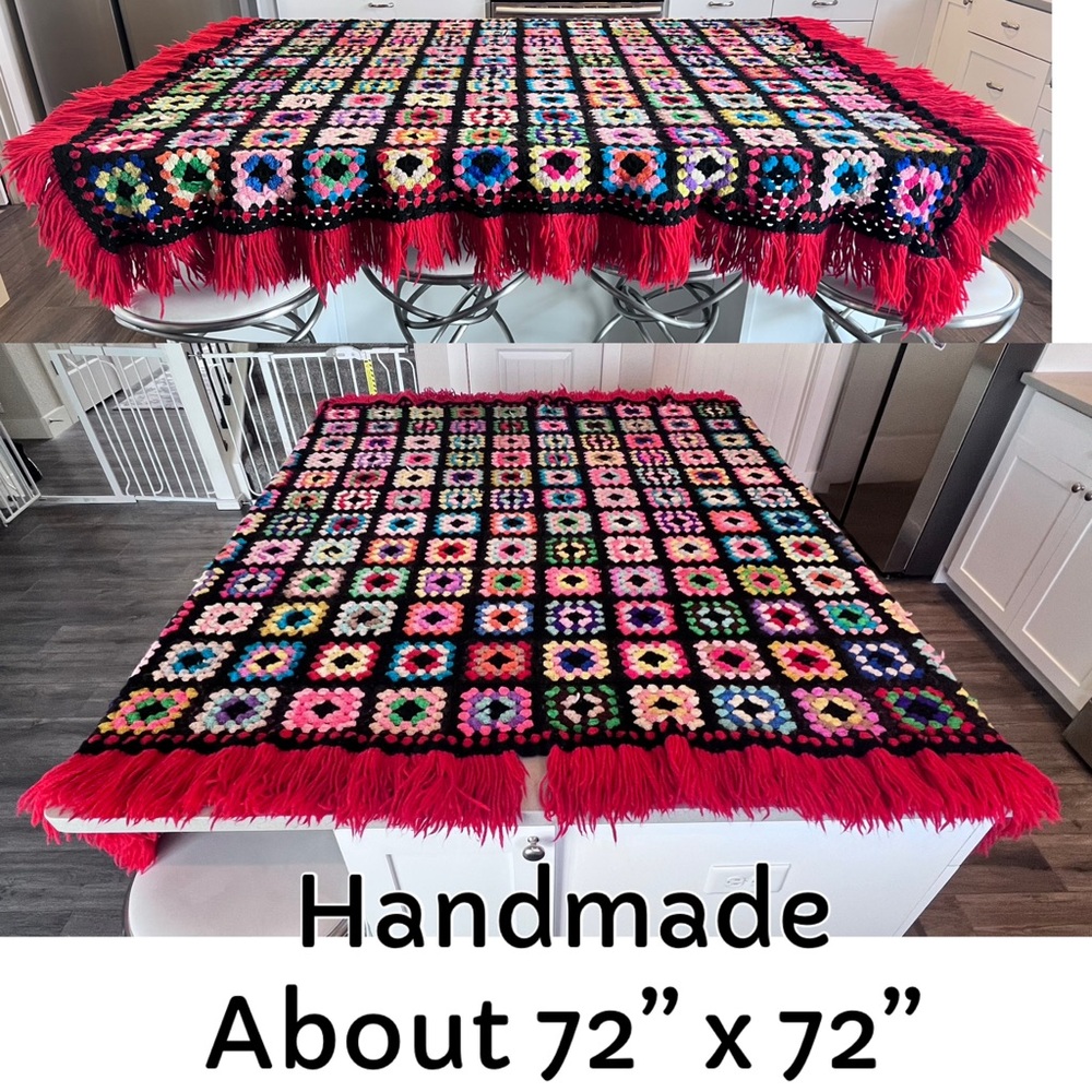 Handmade Crochet Granny Square Afghan Approximately 72”x72” including Fringe